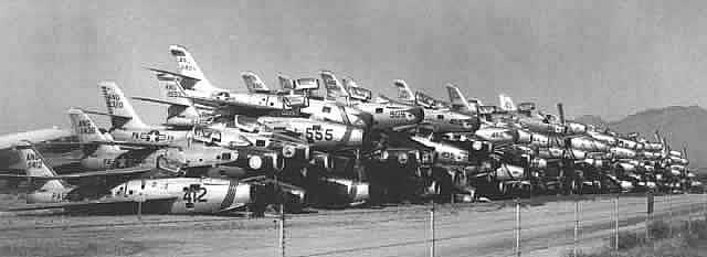 Stacks of Republic F-84F Thunderstreaks at Davis-Monthan Air Force Base in Tucson, Arizona awaiting scrapping in November, 1958