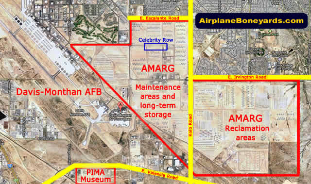 Map of the location of Davis-Monthan Air Force Base, the AMARG boneyard areas, and the Pima Air Museum