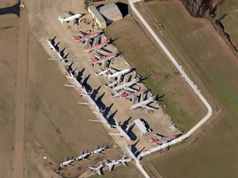 Aerial view of airliners stored at the Greenwood LeFlore Airport boneyard in Mississippi