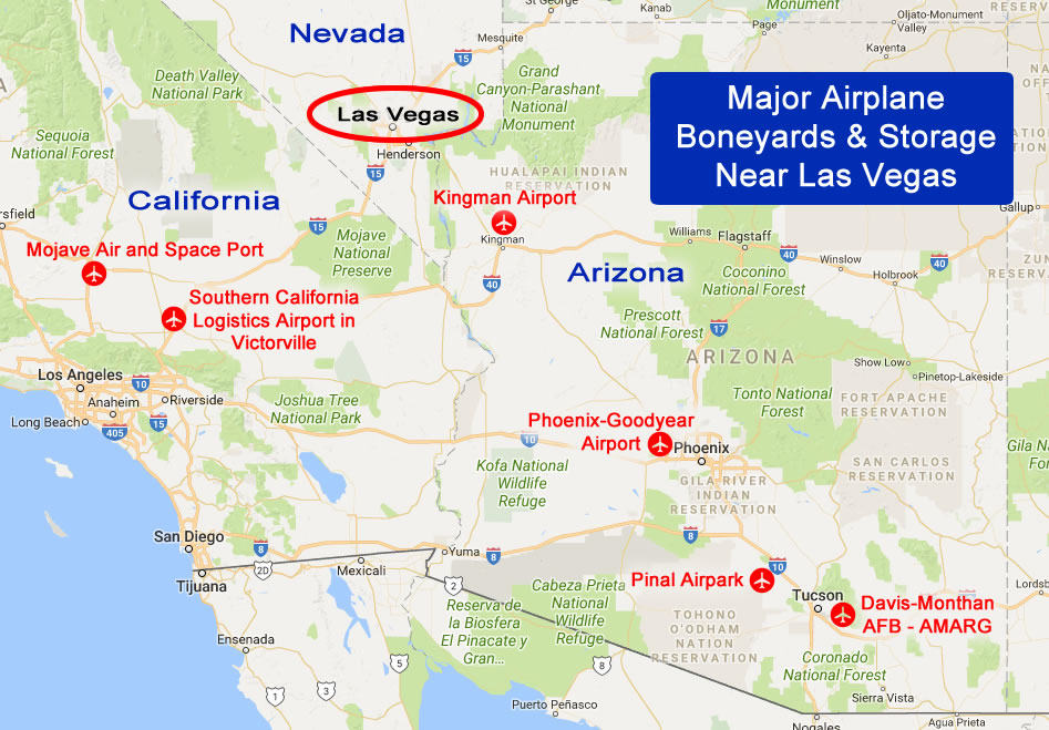 Map of major airplane boneyards and storage facilities in the deserts near Las Vegas, Nevada