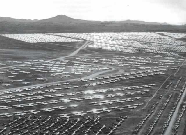 Aerial view of surplus military aircraft in storage at the Kingman aircraft boneyard in 1946