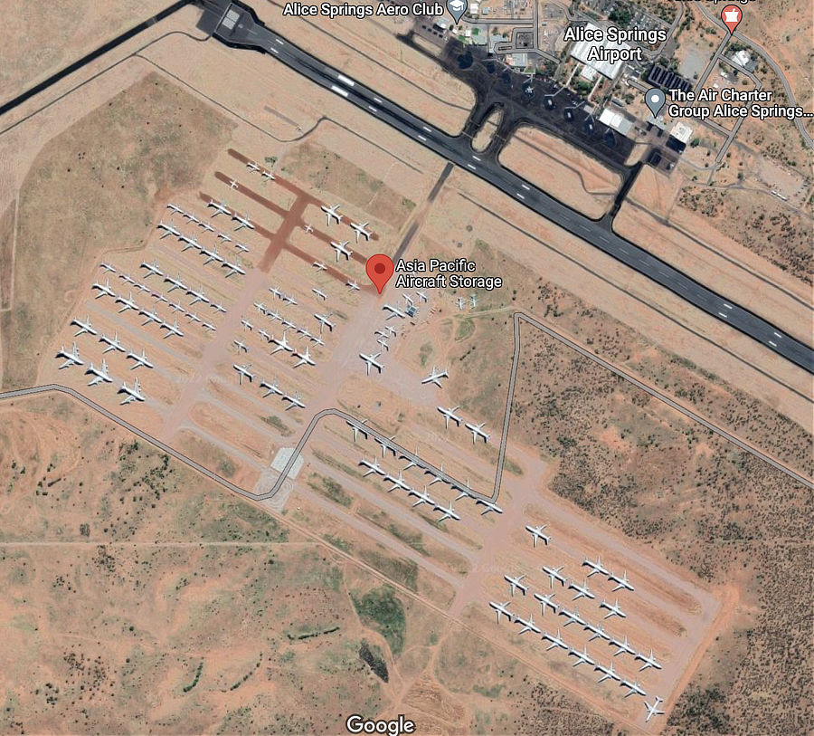 Aerial view of Alice Springs Airport and Asia Pacific Aircraft Storage in the Northern Territory of Australia in 2022
