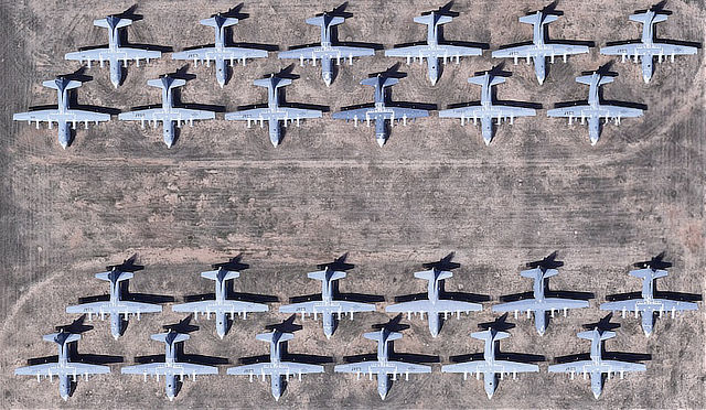 Aerial view of C-130 aircraft at Davis-Monthan Air Force Base AMARG boneyard