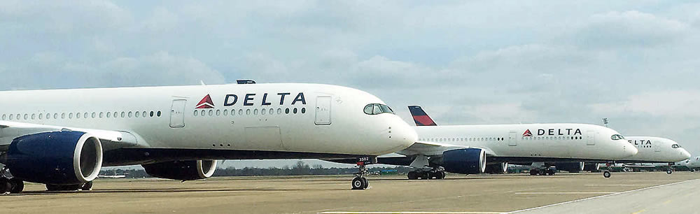Delta Air Lines Airbus A350 jetliners in temporary storage at the Arkansas International Airport