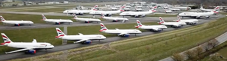 British Airways airliners in storage at the Bournemouth Airport in the UK in 2020