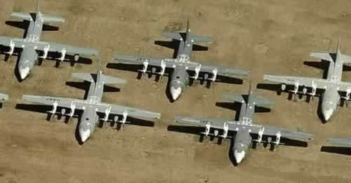 Aerial view of C-130 aircraft at Davis-Monthan Air Force Base AMARG boneyard