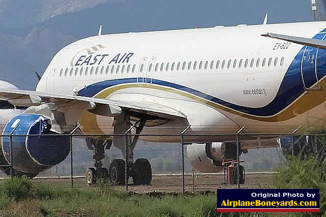 Fuselage view of East Air Airbus A320-212 EY-622 at the Phoenix Goodyear Airport in Arizona