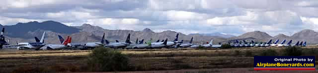 Panoramic view of jetliners in storage at the Phoenix Goodyear Airport