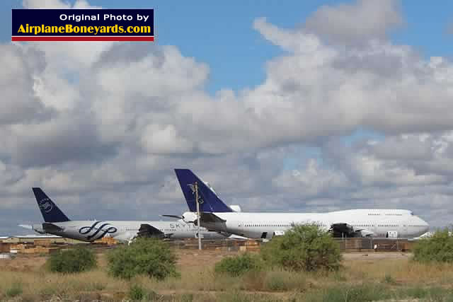 Boeing 747 (R) and SkyTeam Boeing 777 (L) airliners in storage at the Phoenix Goodyear Airport