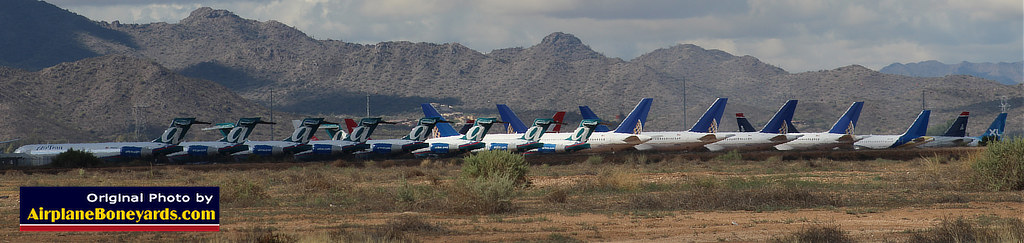 Panoramic view of jetliners in storage at the Phoenix Goodyear Airport