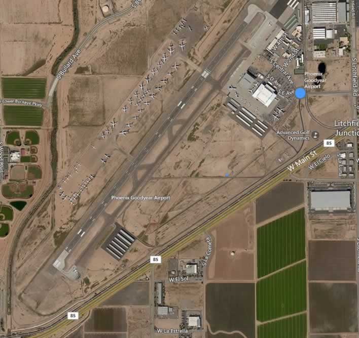 Aerial view of the Phoenix Goodyear Airport with airliners in storage