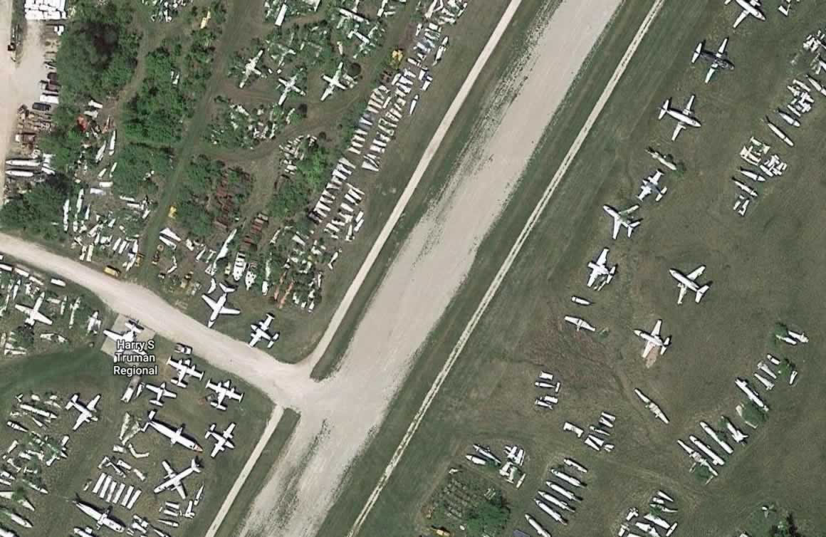 Aerial view of airliner boneyard at the Harry S. Truman Regional Airport in Missouri