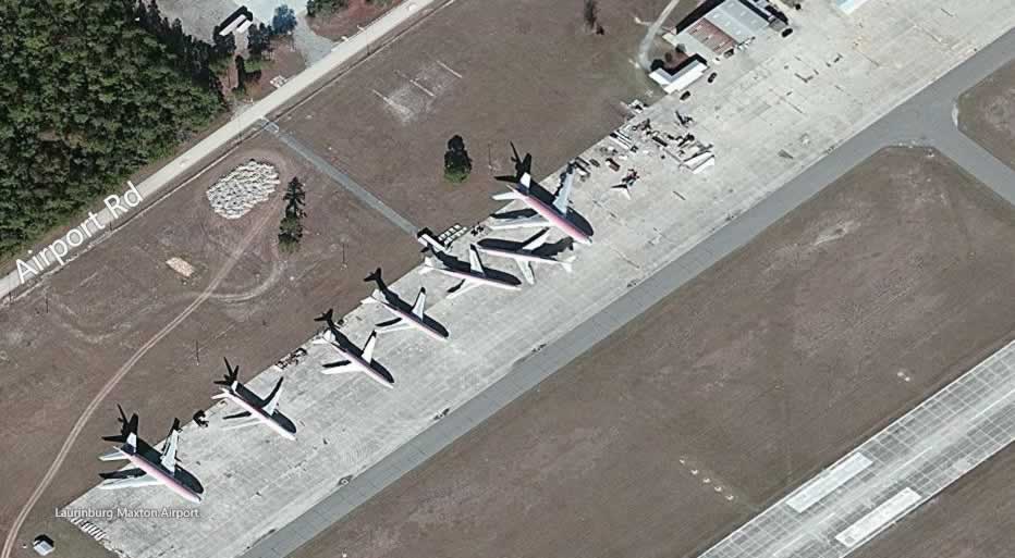 Aerial view of airliner boneyard at the Laurinburg-Maxton Airport in North Carolina
