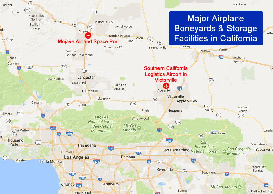 Map of major airplane boneyards and storage facilities in California
