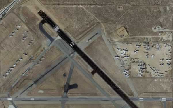 Aerial view of runways and airliners in storage at Mojave Airport