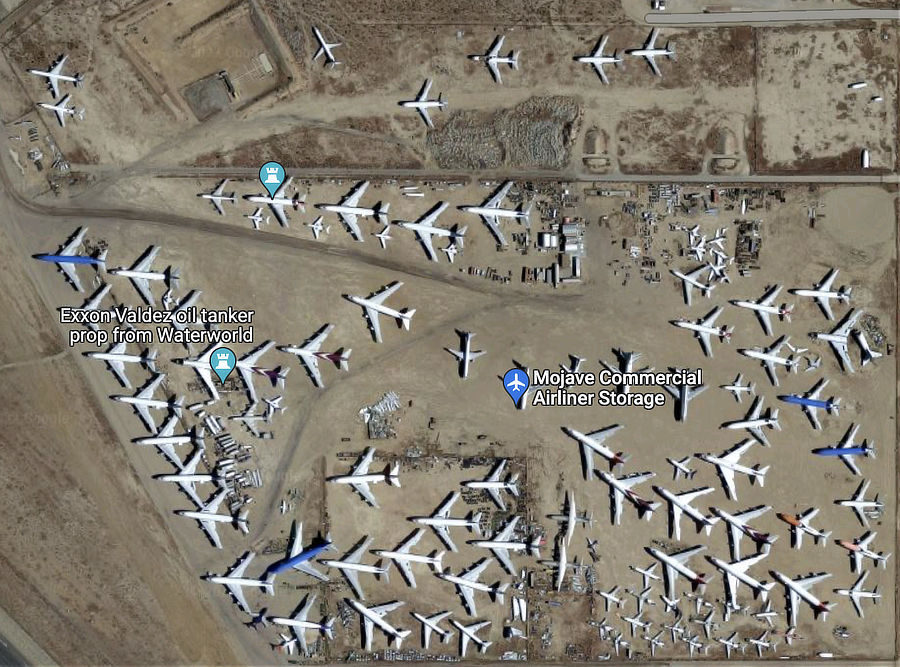 Aerial view of airliners in storage at California's Mojave Air and Space Port