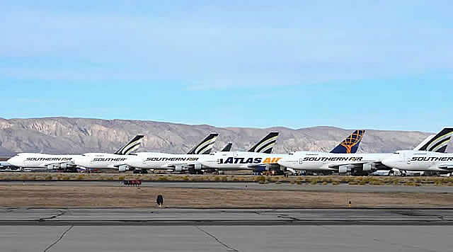 Boeing 747 airliners in storage at Mojave Airport in the California desert