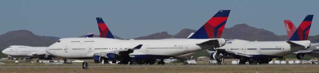 Boeing 747s of Delta Air Lines in storage at the Pinal Airpark in Arizona