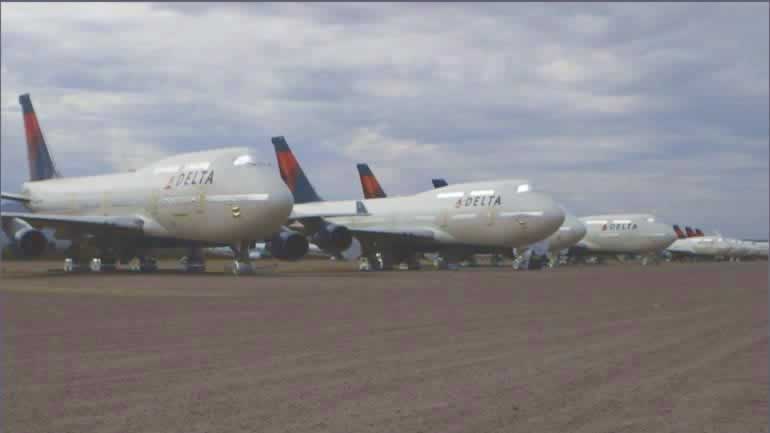 Boeing 747s of Delta Air Lines in storage at the Pinal Airpark in Arizona