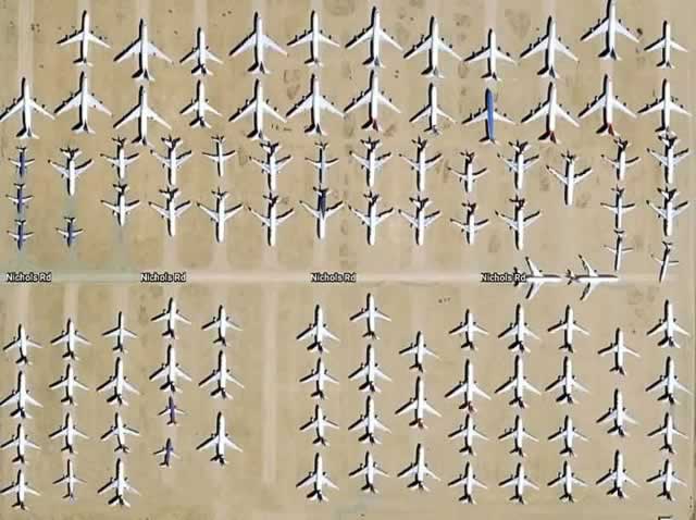 Aerial view of the Southern California Logistics Airport with airliners in storage, Victorville, California