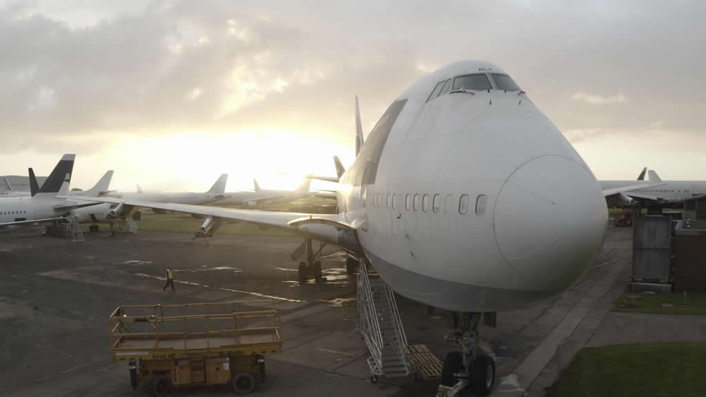 Boeing 747 and other airliners parked at the St. Athan Airfield in Wales 