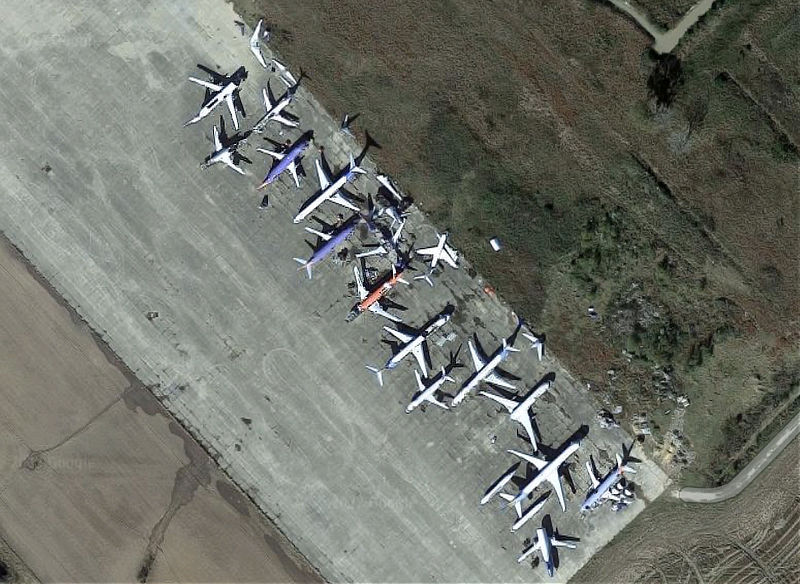 Aerial view of airliners in storage and reclamation at the Stuttgart Municipal Airport in Arkansas in 2022