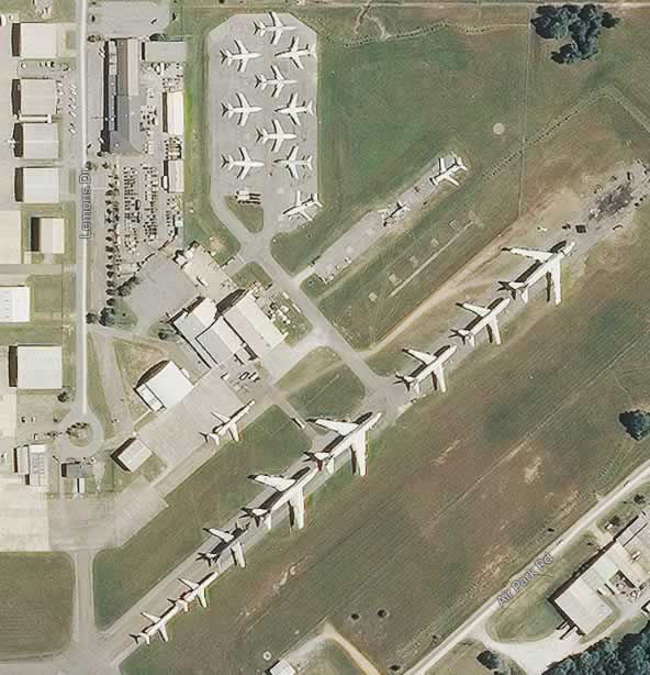 Aerial view of airliner boneyard at the Tupelo Regional Airport in Mississippi