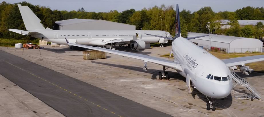 Airliners in storage at the Twente Airport in the Netherlands