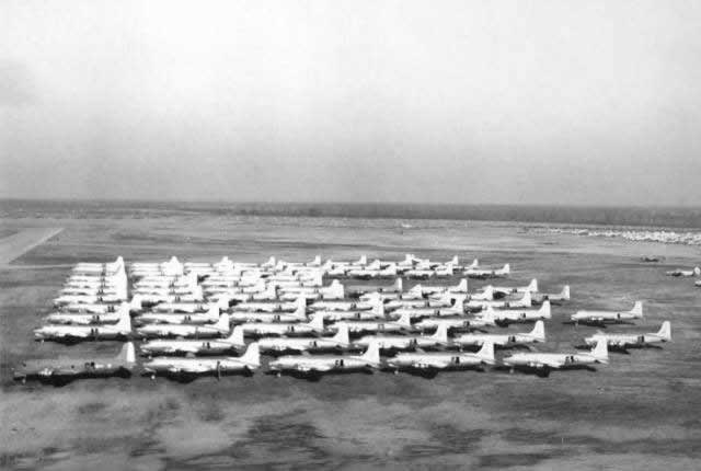 Rows of C-54 transport aircraft stored at Walnut Ridge, Arkansas, after World War I