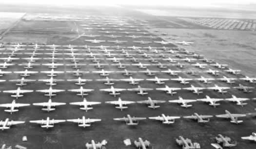 Aerial view of surplus military planes in storage at Cal-Aero Field in California after WWII (Photo courtesy of William T. Larkins)
