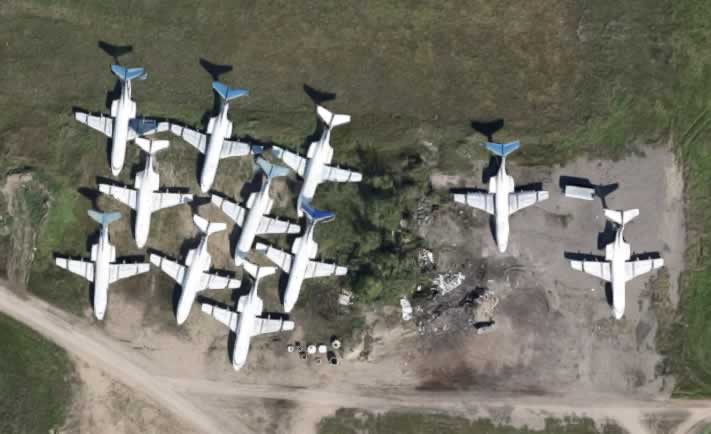 Aerial view of airliner storage at Saskatoon John G. Diefenbaker International Airport in Saskatchewan